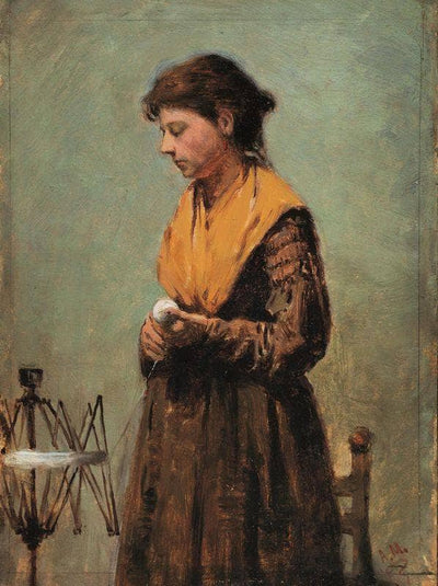 Young woman with spinning wheel in apartment