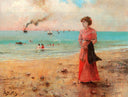 Young woman with the red umbrella by the sea by Alfred Stevens — hand-painted landscape oil painting reproduction on canvas
