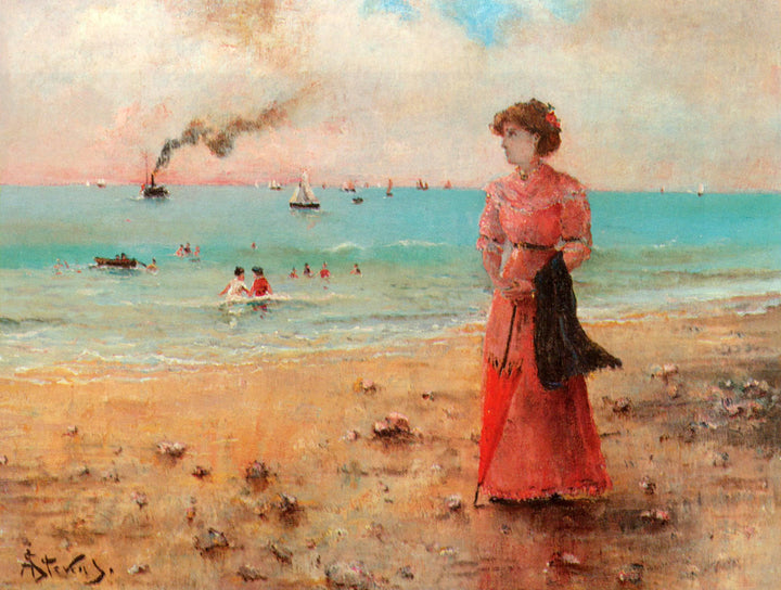 Young woman with the red umbrella by the sea by Alfred Stevens — hand-painted landscape oil painting reproduction on canvas